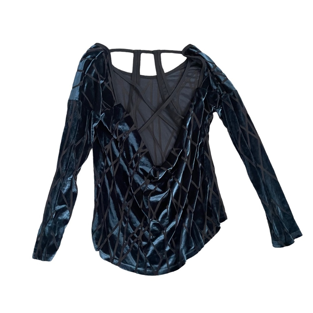 Zobha Navy Blue Open Back Draped Geometric Whimsygoth Sheer Long Sleeve Shirt - Picture 4 of 11